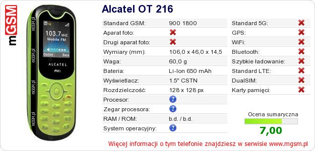 Dane telefonu Alcatel OT 216 Dane telefonu Alcatel OT 216