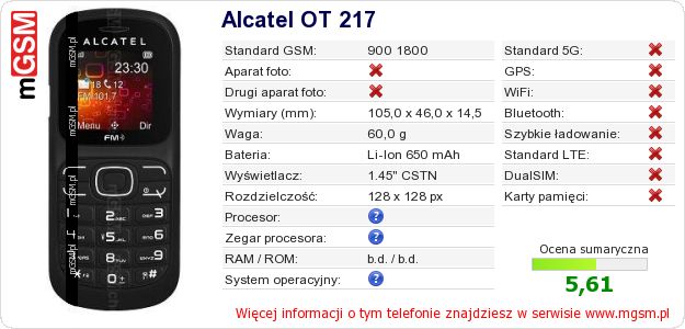 Dane telefonu Alcatel OT 217 Dane telefonu Alcatel OT 217