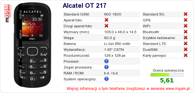 Dane telefonu Alcatel OT 217