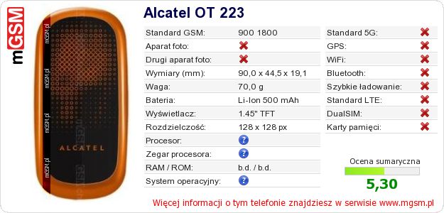 Dane telefonu Alcatel OT 223