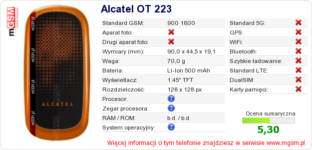 Dane telefonu Alcatel OT 223 Dane telefonu Alcatel OT 223