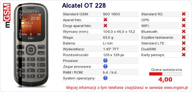 Dane telefonu Alcatel OT 228