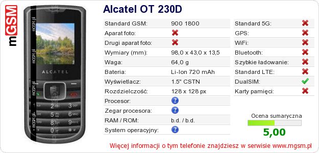 Dane telefonu Alcatel OT 230D
