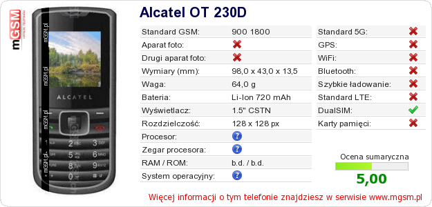 Dane telefonu Alcatel OT 230D
