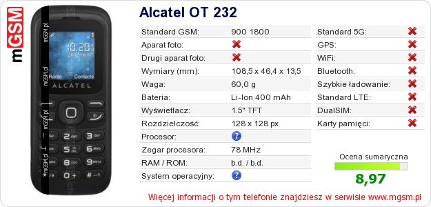 Dane telefonu Alcatel OT 232 Dane telefonu Alcatel OT 232