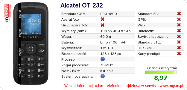 Dane telefonu Alcatel OT 232