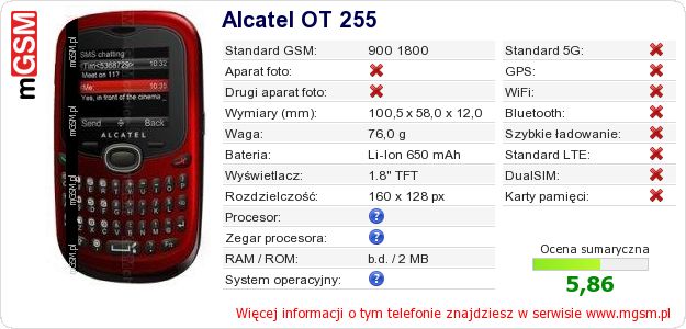 Dane telefonu Alcatel OT 255 Dane telefonu Alcatel OT 255