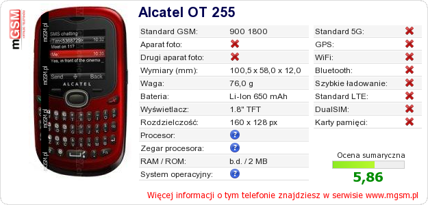 Dane telefonu Alcatel OT 255