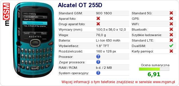 Dane telefonu Alcatel OT 255D Dane telefonu Alcatel OT 255D