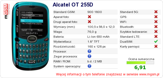 Dane telefonu Alcatel OT 255D