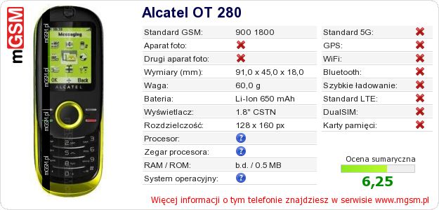 Dane telefonu Alcatel OT 280