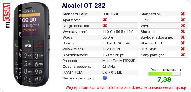 Dane telefonu Alcatel OT 282 Dane telefonu Alcatel OT 282