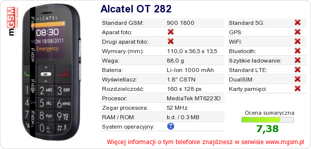 Dane telefonu Alcatel OT 282