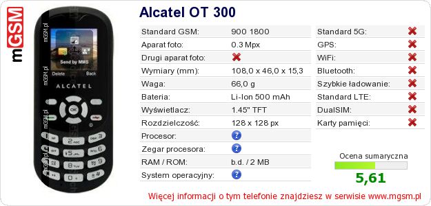 Dane telefonu Alcatel OT 300