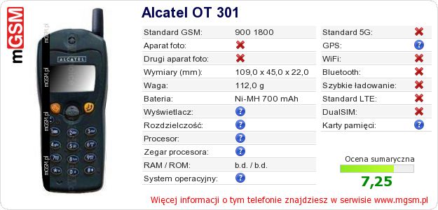 Dane telefonu Alcatel OT 301 Dane telefonu Alcatel OT 301