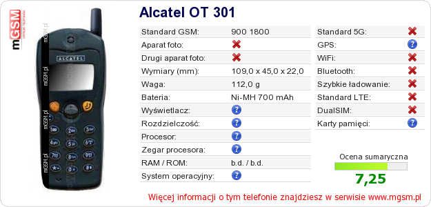 Dane telefonu Alcatel OT 301