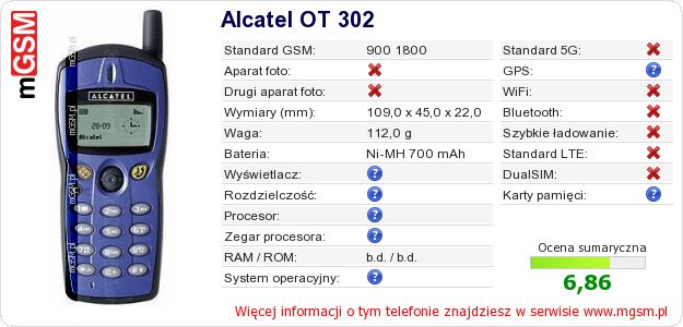 Dane telefonu Alcatel OT 302 Dane telefonu Alcatel OT 302