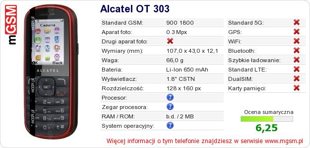 Dane telefonu Alcatel OT 303 Dane telefonu Alcatel OT 303