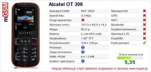 Dane telefonu Alcatel OT 306