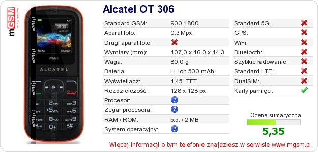Dane telefonu Alcatel OT 306