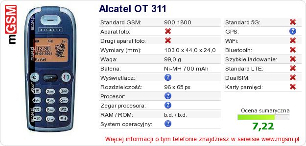 Dane telefonu Alcatel OT 311 Dane telefonu Alcatel OT 311