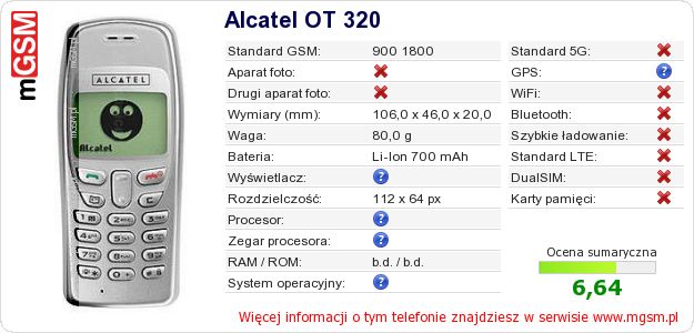 Dane telefonu Alcatel OT 320