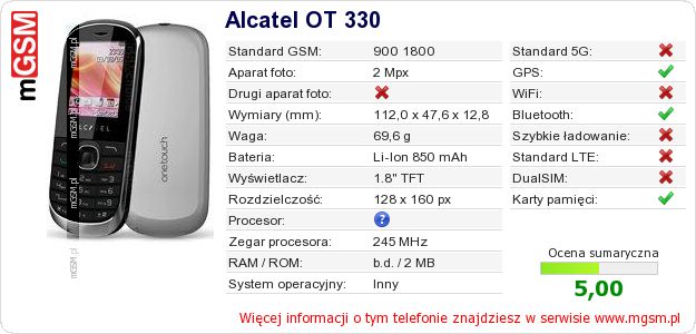 Dane telefonu Alcatel OT 330 Dane telefonu Alcatel OT 330