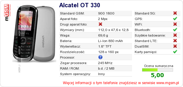 Dane telefonu Alcatel OT 330