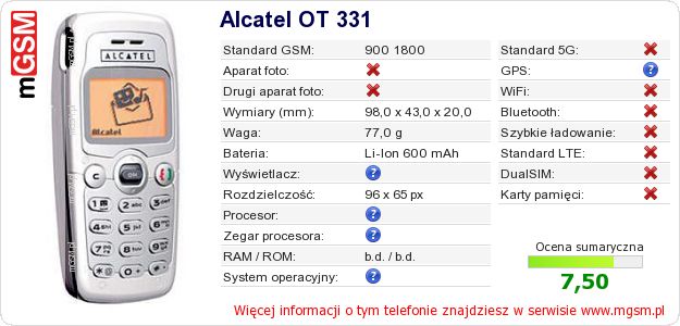 Dane telefonu Alcatel OT 331