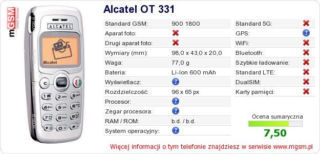 Dane telefonu Alcatel OT 331