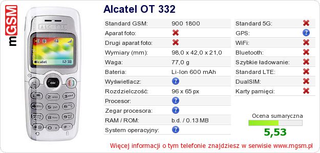 Dane telefonu Alcatel OT 332 Dane telefonu Alcatel OT 332
