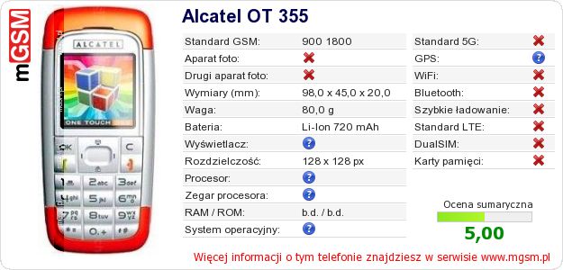 Dane telefonu Alcatel OT 355