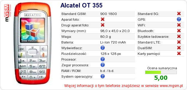 Dane telefonu Alcatel OT 355