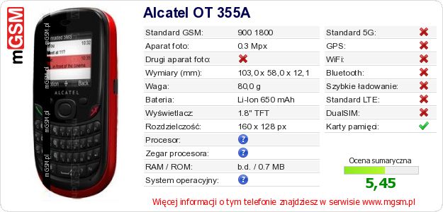 Dane telefonu Alcatel OT 355A Dane telefonu Alcatel OT 355A