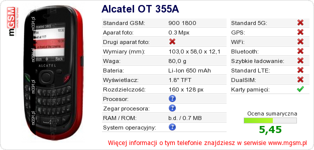 Dane telefonu Alcatel OT 355A Dane telefonu Alcatel OT 355A