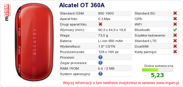 Dane telefonu Alcatel OT 360A Dane telefonu Alcatel OT 360A