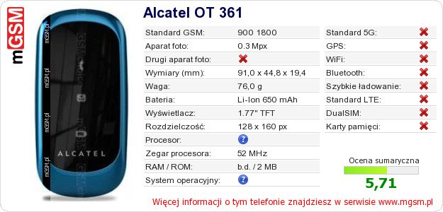Dane telefonu Alcatel OT 361