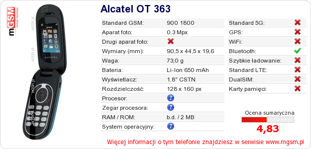 Dane telefonu Alcatel OT 363