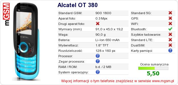 Dane telefonu Alcatel OT 380 Dane telefonu Alcatel OT 380