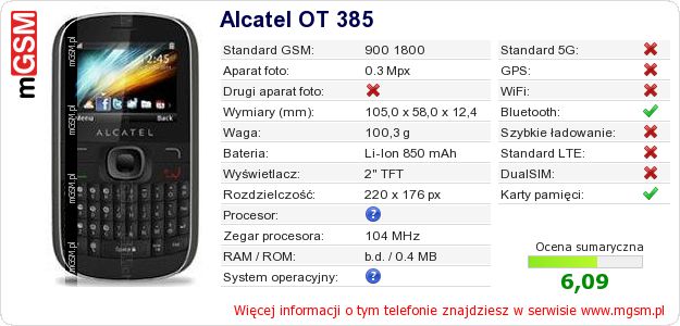 Dane telefonu Alcatel OT 385 Dane telefonu Alcatel OT 385