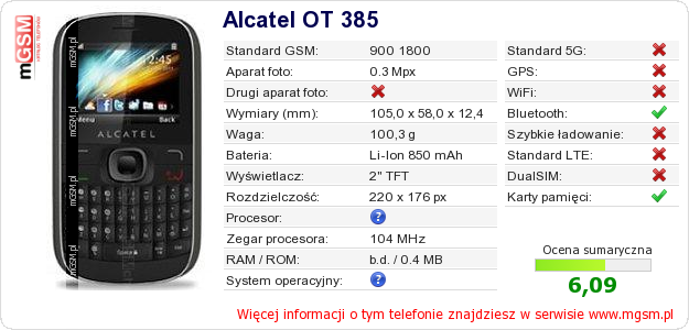 Dane telefonu Alcatel OT 385