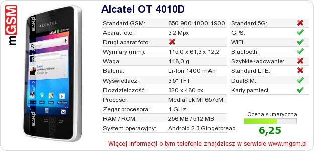 Dane telefonu Alcatel OT 4010D