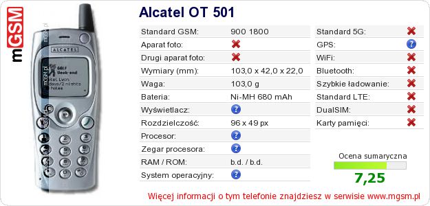 Dane telefonu Alcatel OT 501 Dane telefonu Alcatel OT 501