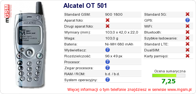 Dane telefonu Alcatel OT 501
