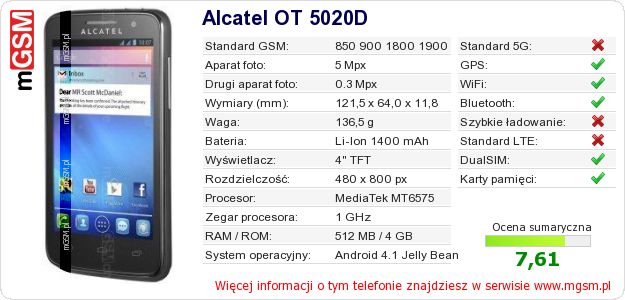 Dane telefonu Alcatel OT 5020D