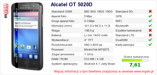 Dane telefonu Alcatel OT 5020D