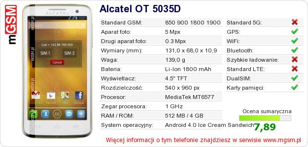 Dane telefonu Alcatel OT 5035D