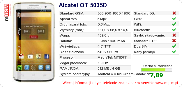 Dane telefonu Alcatel OT 5035D Dane telefonu Alcatel OT 5035D