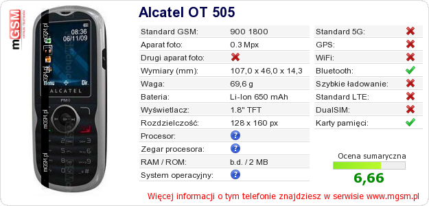 Dane telefonu Alcatel OT 505