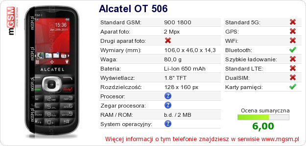 Dane telefonu Alcatel OT 506